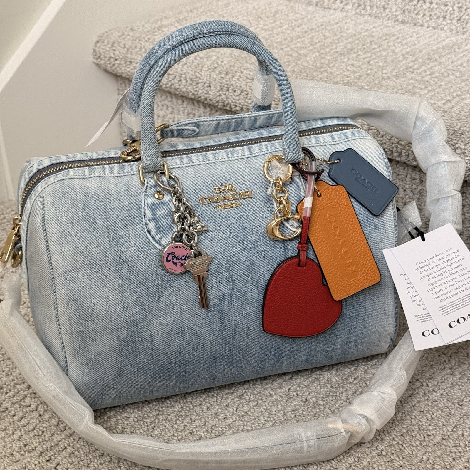 NWT COACH Rowan Large Satchel Bag In Loved Denim With Charms CDY75 Light Indigo