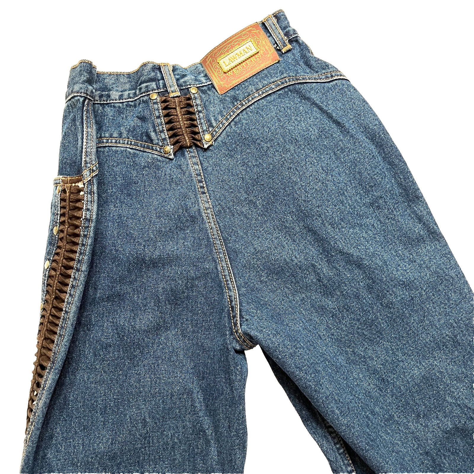 Lawman Western Jeans Size 9 25.5×33 Slim Fit Blue Lace Up Studs Hong Kong Vtg.