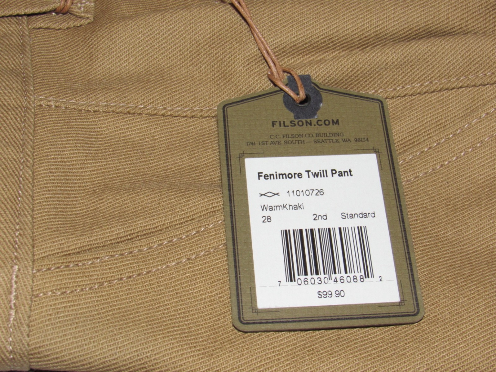 Filson Fenimore Mens Twill Pants 28 Inch Unhemmed Brown Khaki Cotton Twill NEW