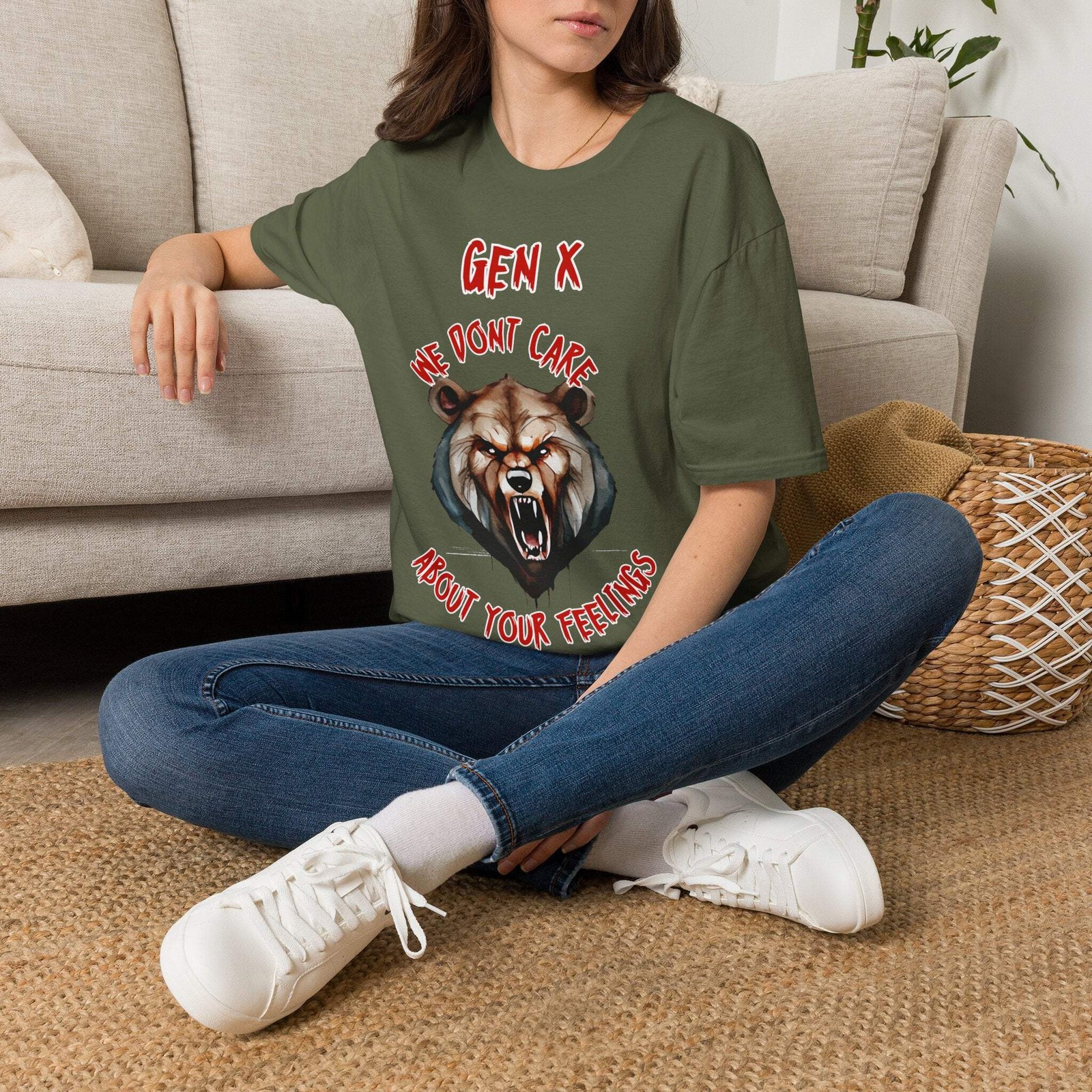 Sarcastic Gen X Dark Shirt We Dont Care About Your Feelings Bear Tee, Badass Gen