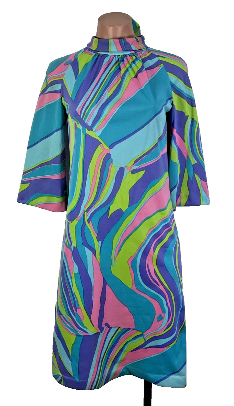 Vintage 1960s Domani Polyester Knit Dress Mod GoGo Scarf Psychedelic UNION MADE