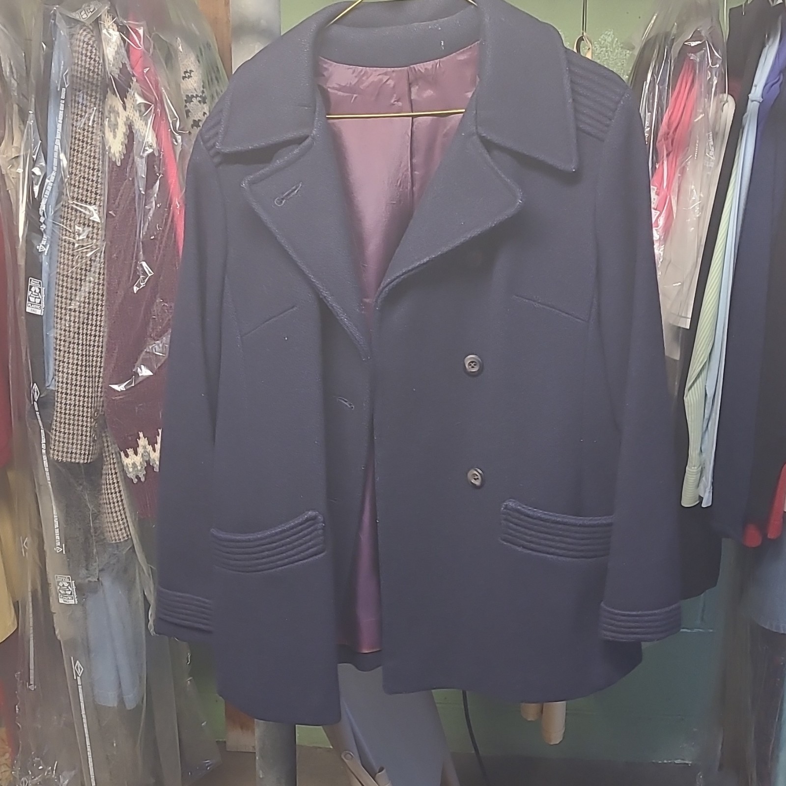 Womens Blue Wool Pea Coat Button Front Notch Collar Lined Pockets