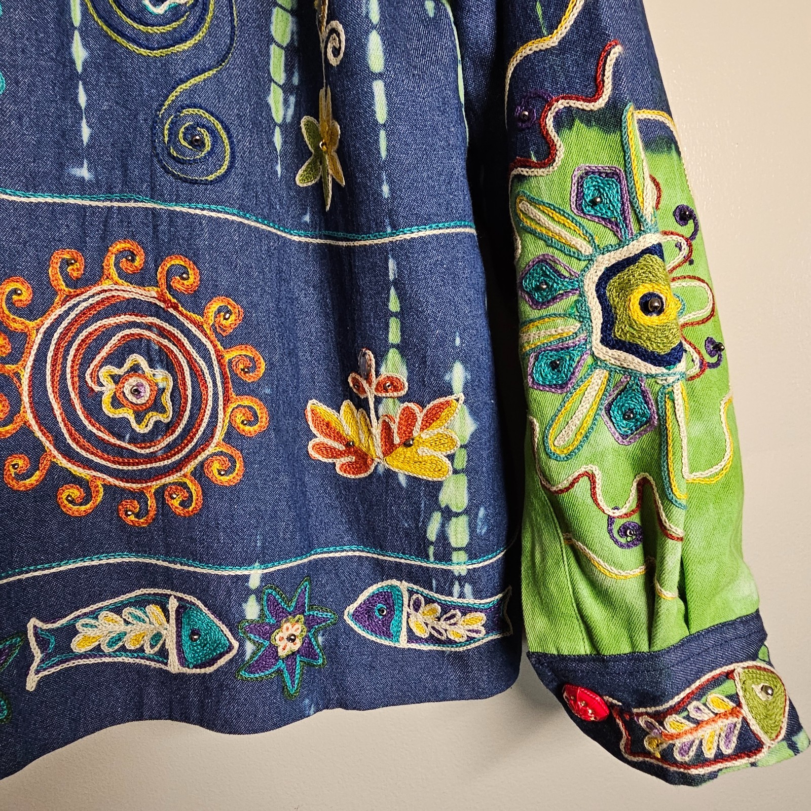 Indigo Moon Large Jacket Green Tie Dye Blue Denim Embroidered Beaded Boho Artsy