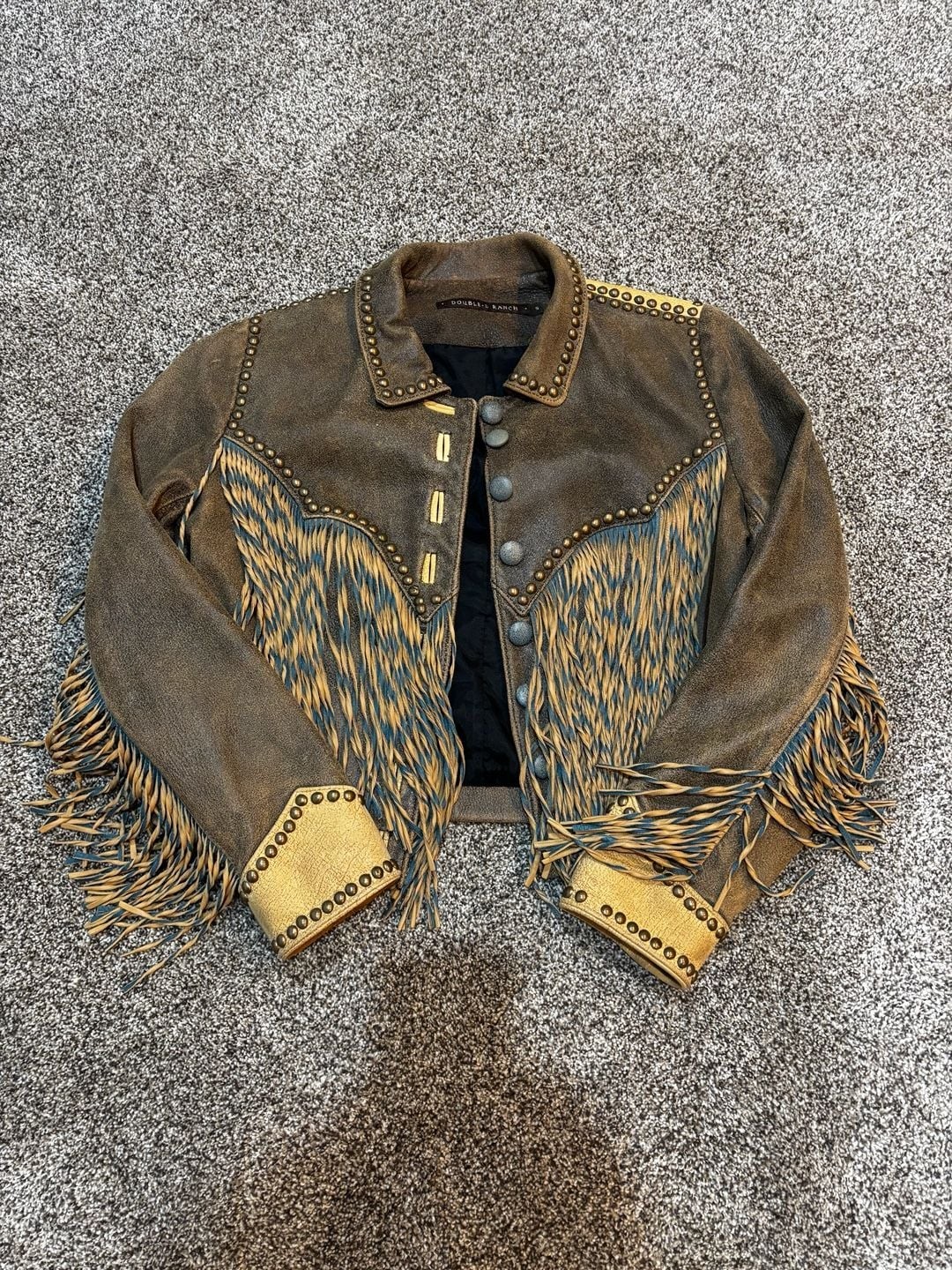 Double D Ranch Western Leather Jacket with Fringe and Stud Detail