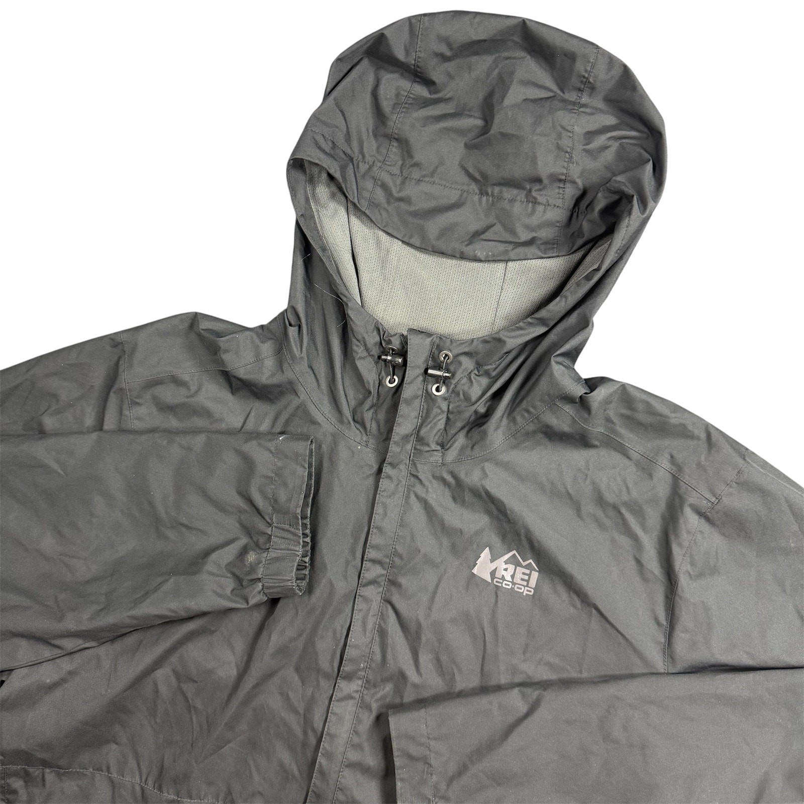 REI Co-op Men Large Black Hooded Rain Jacket Full Zip Lightweight Outdoor Shell
