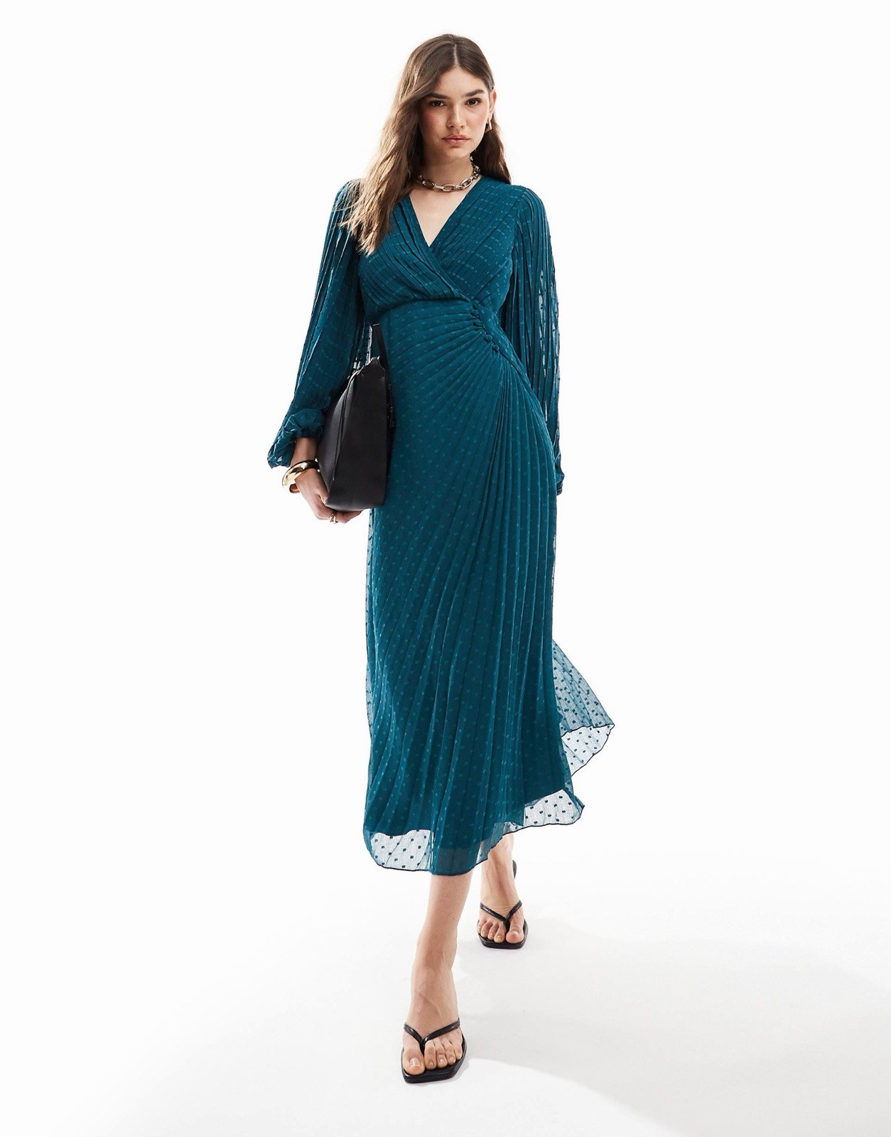 ASOS Design Teal Midi Dress Size 10 Long Sleeve Pleated Swiss Dot Chiffon