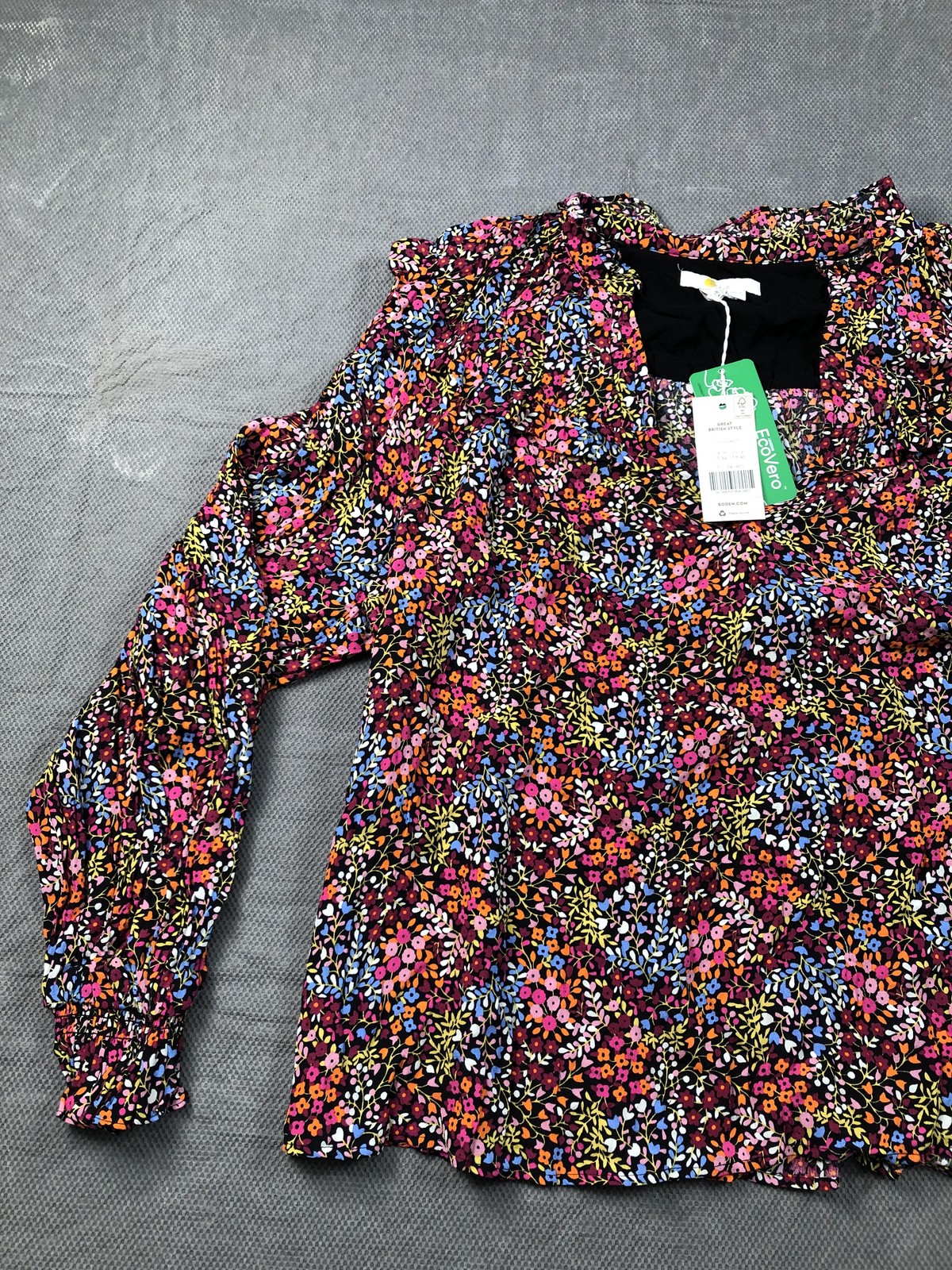 Boden Blouse Womens 14 Multicolor V Neck Long Puff Sleeve Floral Ruffle Top NWT