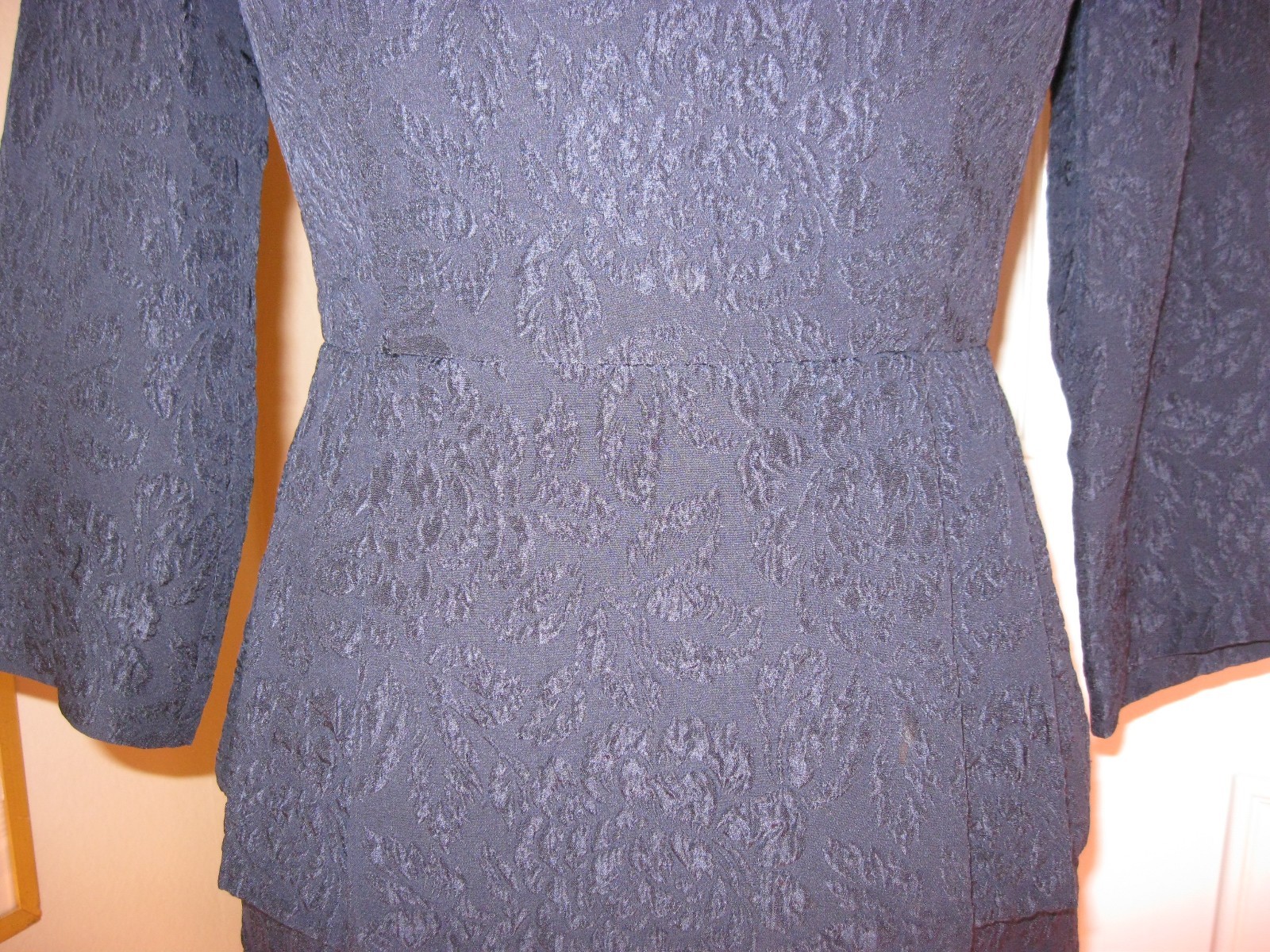 NANETTE LEPORE Navy Silk Tonal Jacquard Disco Jazz Peplum Dress ~ SZ 2
