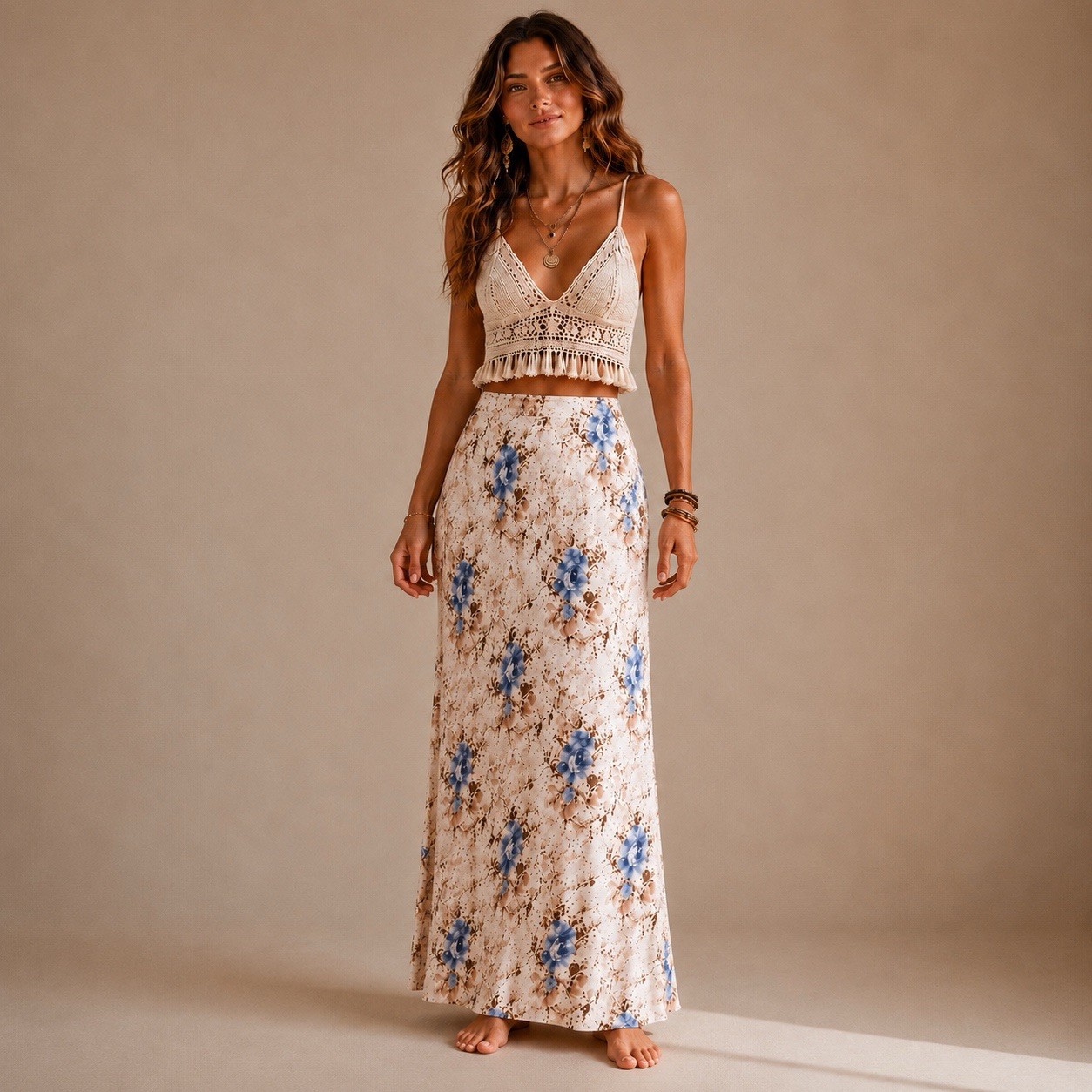Dress-U by Sharon Women’s Floral Maxi Skirt Size M Blue Cream Lined Bohohemian