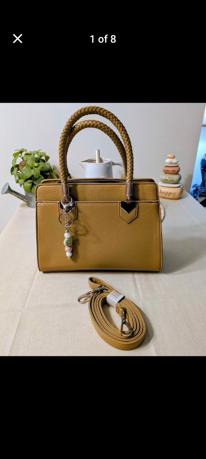 Tan Pebbled Satchel Top Handle Bag Braided Double Handles Zip Detachable Strap