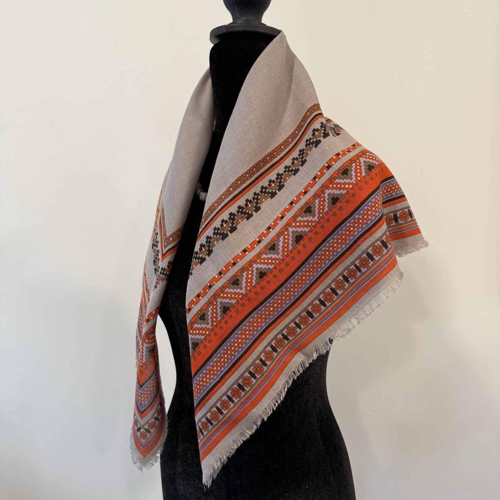 Yves Saint Laurent Silk Scarf Geometric Cream Brown