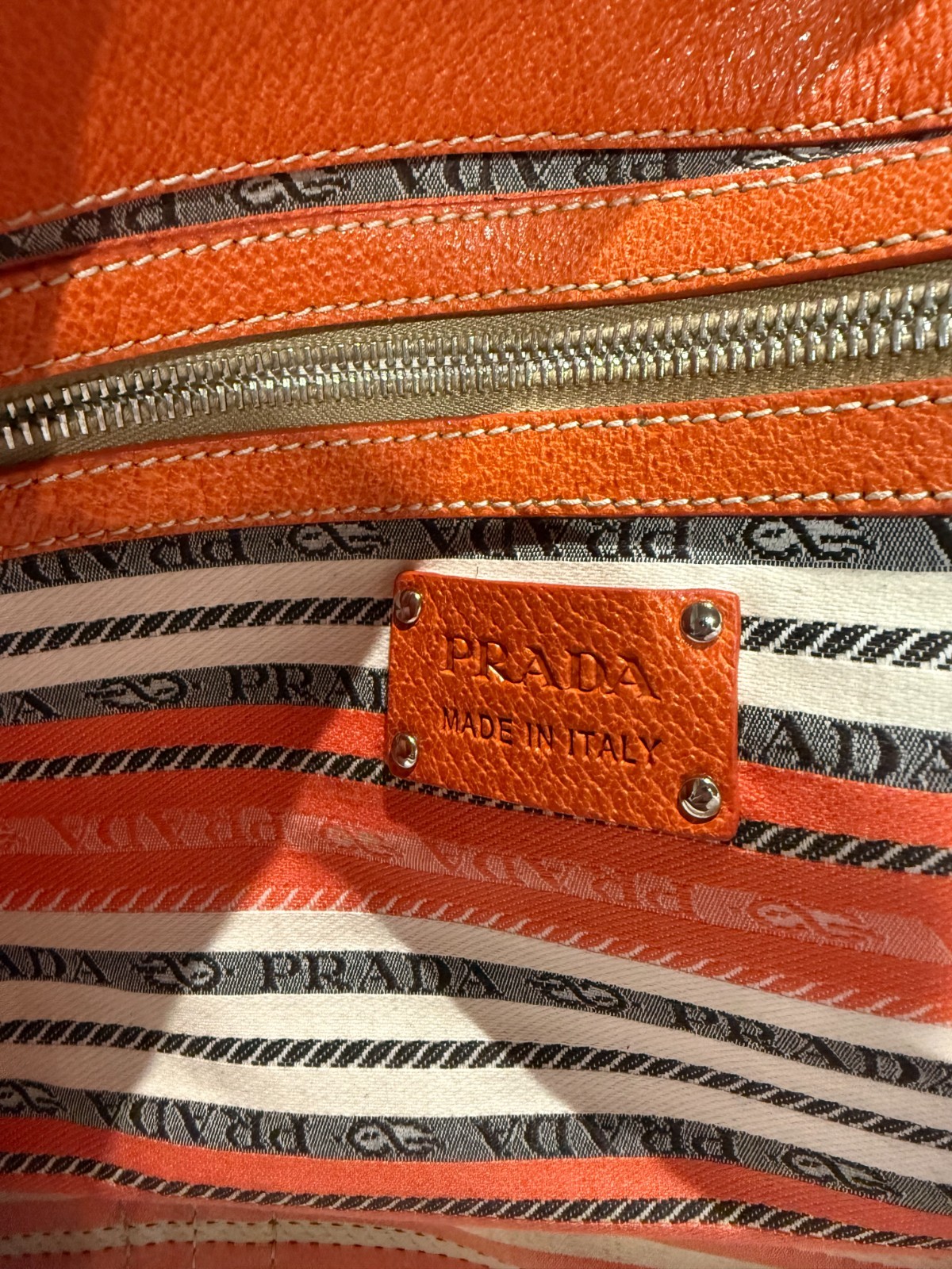 PRADA Authentic Tote Bag Canvas Orange Beige w/Silver plated hardware