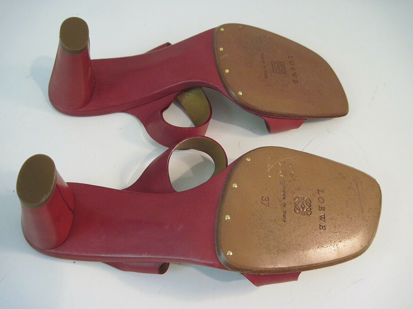 LOEWE Dark Raspberry Leather Gold Tone Accent Double Strap Heeled Sandals Sz 37