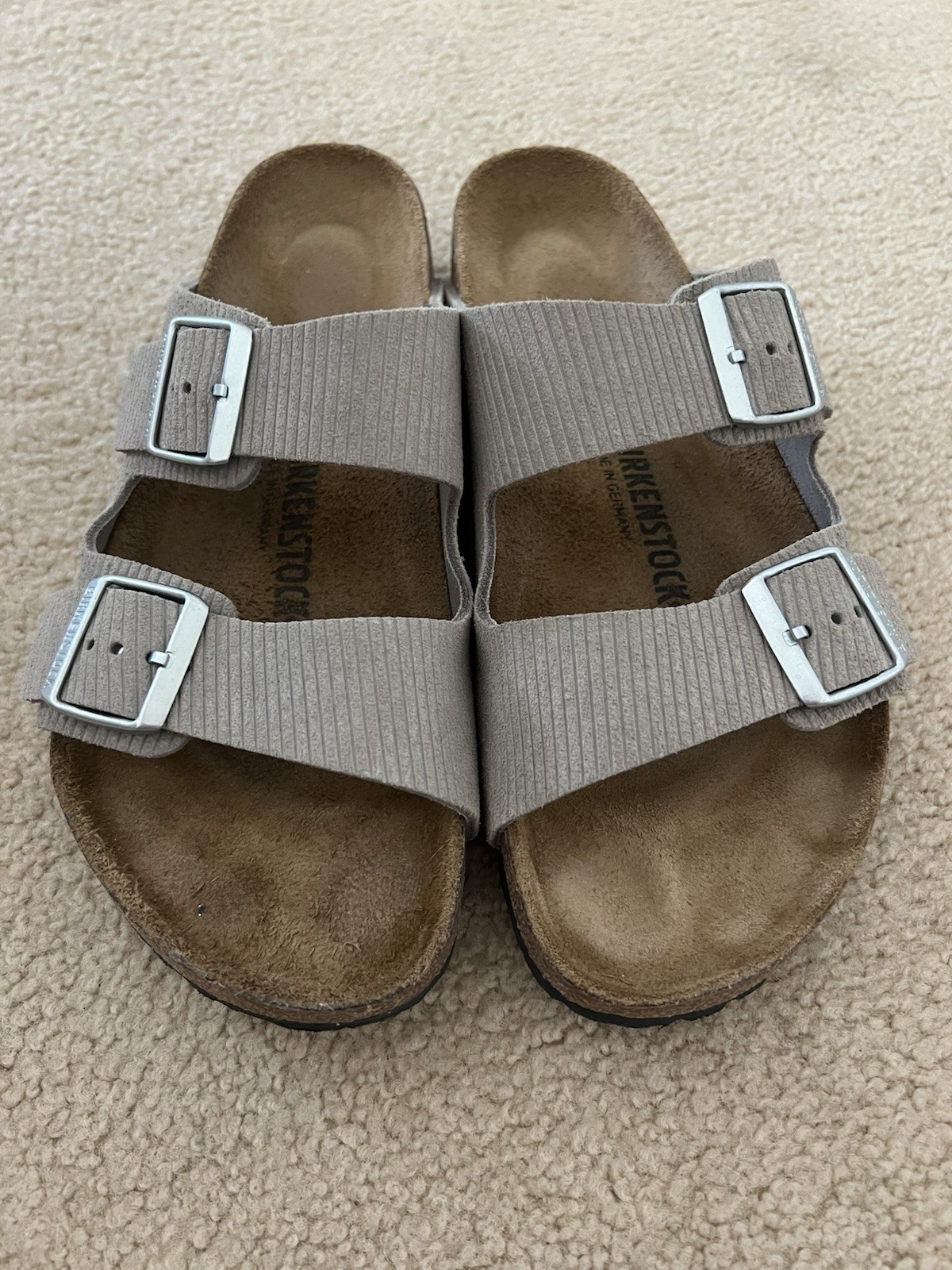Birkenstock Arizona Birko-Flor Nubuck Women’s Sandals, Stone – US 10