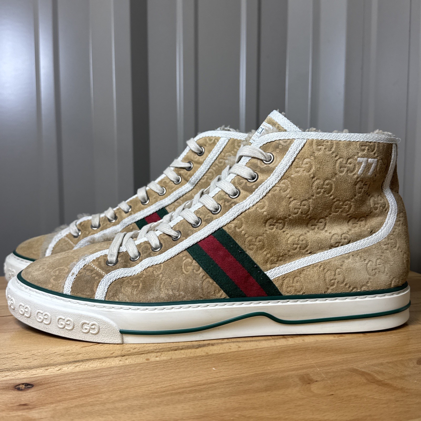 Gucci Tennis 1977 High Top Beige GG Monogram Suede Shearling UK 11 Men’s US 12