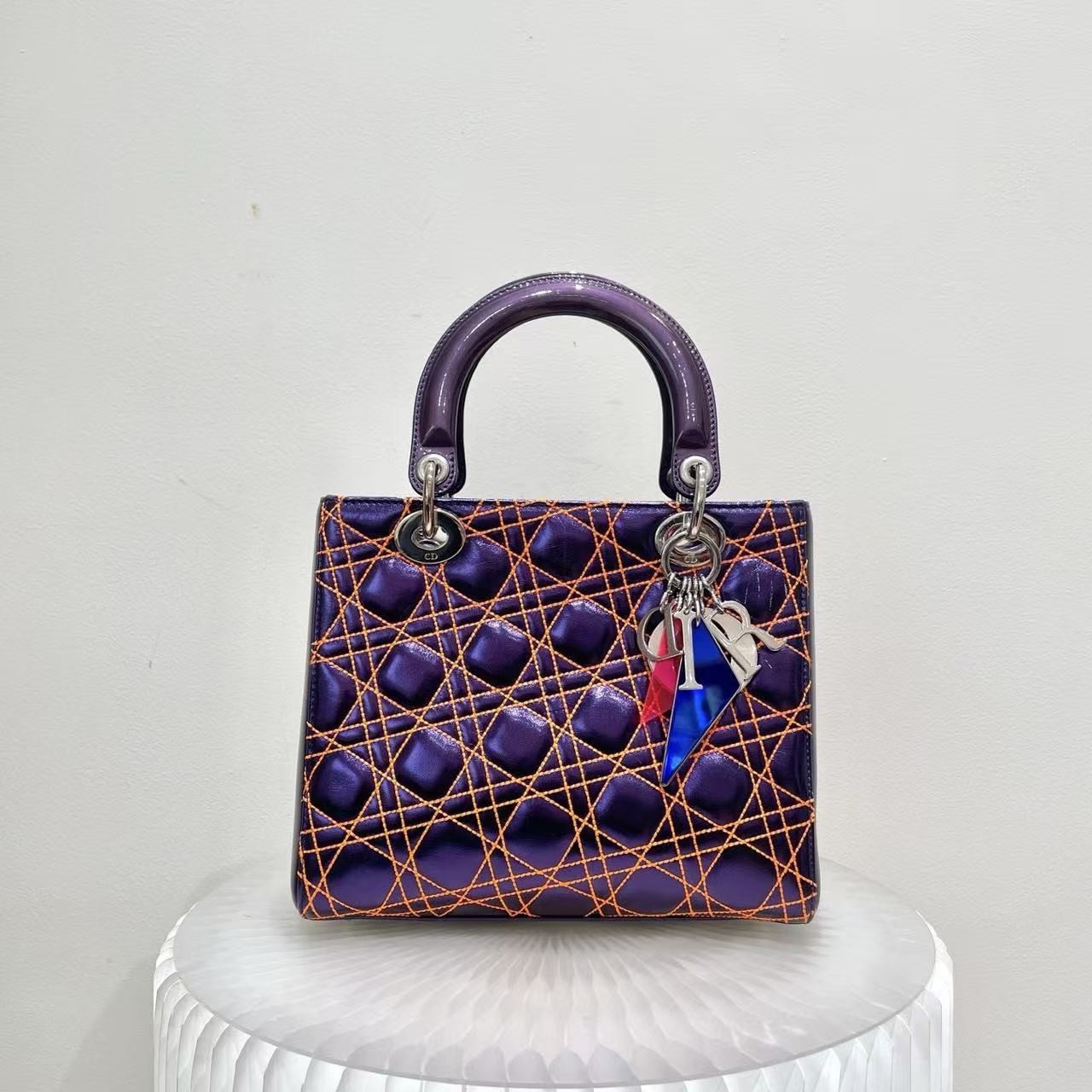 Dior Lady Dior Small Blue Calfskin Orange Stitching Cannage Handle/Crossbody Bag
