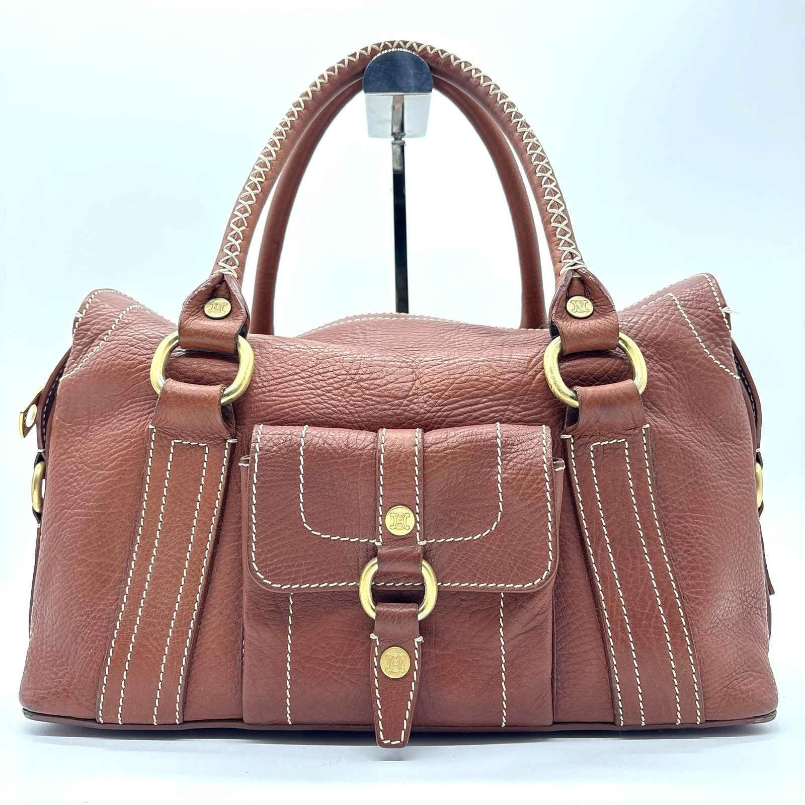 CELINE Boogie bag Hand Bag Leather Brown Gold Stitch Purse Vintage Authentic