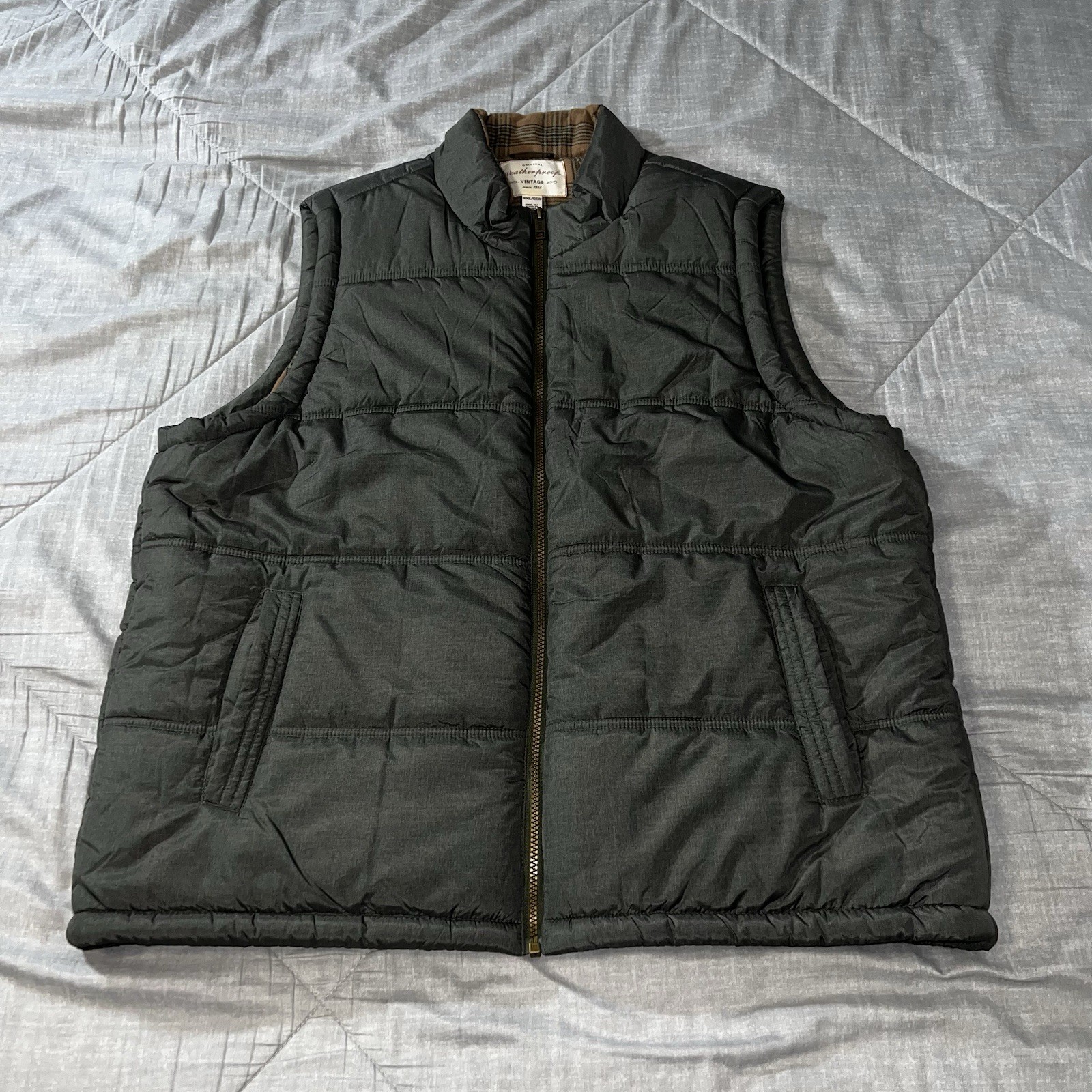 Weatherproof Vintage Plaid Cotton Lined Olive Green Puffer Vest Size XXL