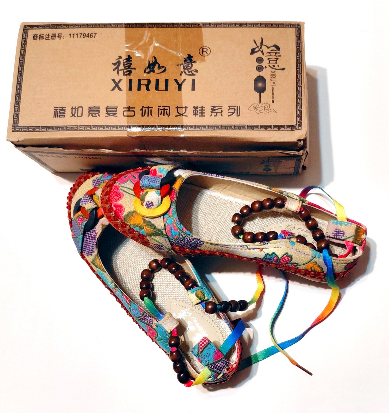 Xiruyi Oriental Canvas Flats Colorful Rainbow Beads Euro Size 40 U.S. Size 9