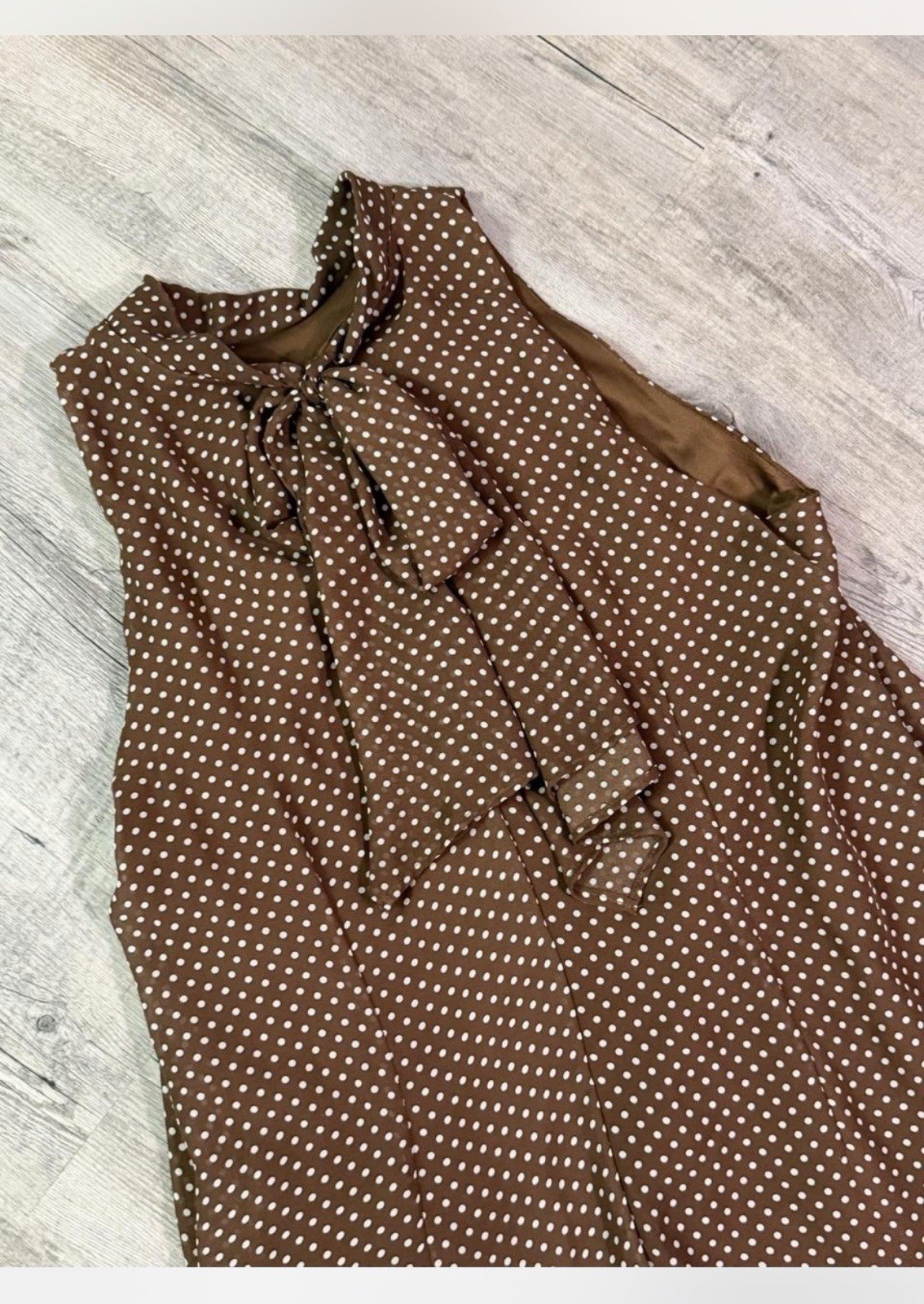 Robbie Bee Women’s Brown/White Polka Dot Tie-Neck Sleeveless Dress 12