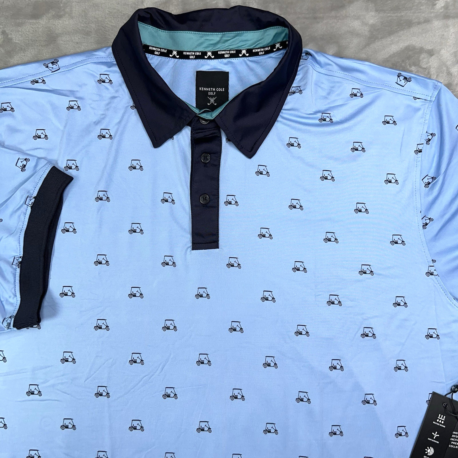 KENNETH COLE Golf Polo Shirt Mens 2XL Performance UPF 50+ Golf Cart AOP Blue NWT
