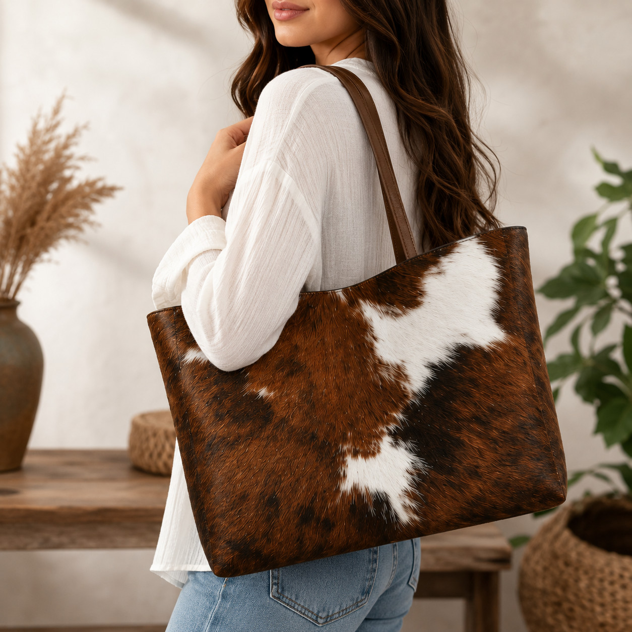 Cowhide Leather Tote Bag, Brown White Cow Print Purse, Shoulder Bag, Women