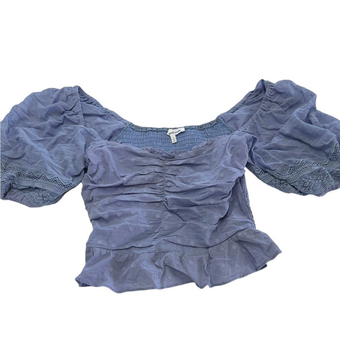 Heartloom Top Women Small Blue Jess Puff Sleeve Boho Ruched Swiss Dot Peplum