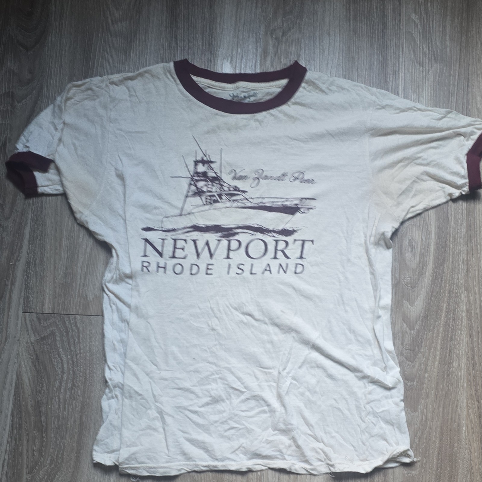 John Galt Newport Rhode Island Graphic Ringer T-Shirt S/M Cotton White/Burgundy