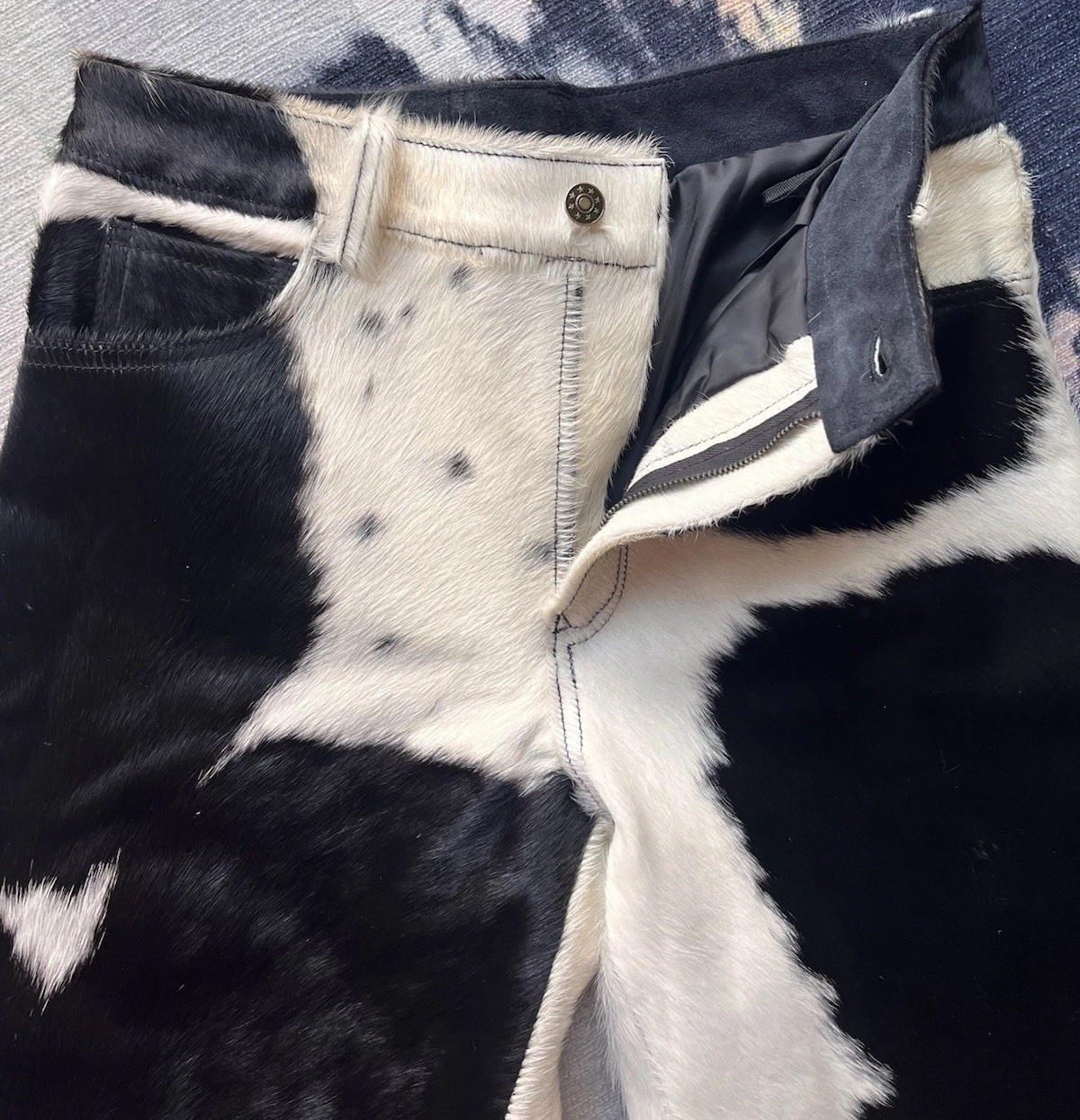 Genuine Western Cowhide Leather Pants Black & White Fur Size 32