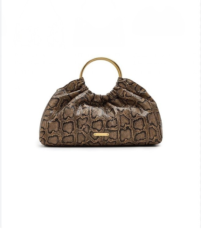 REBECCA MINKOFF Madeleine snake print round handle small satchel – Brown