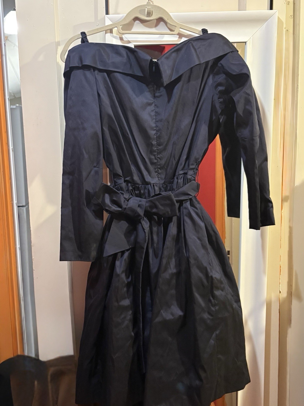 Vintage Katherine Rogehr Canada Navy Taffeta Full Skirt Off Shoulder Party Dress