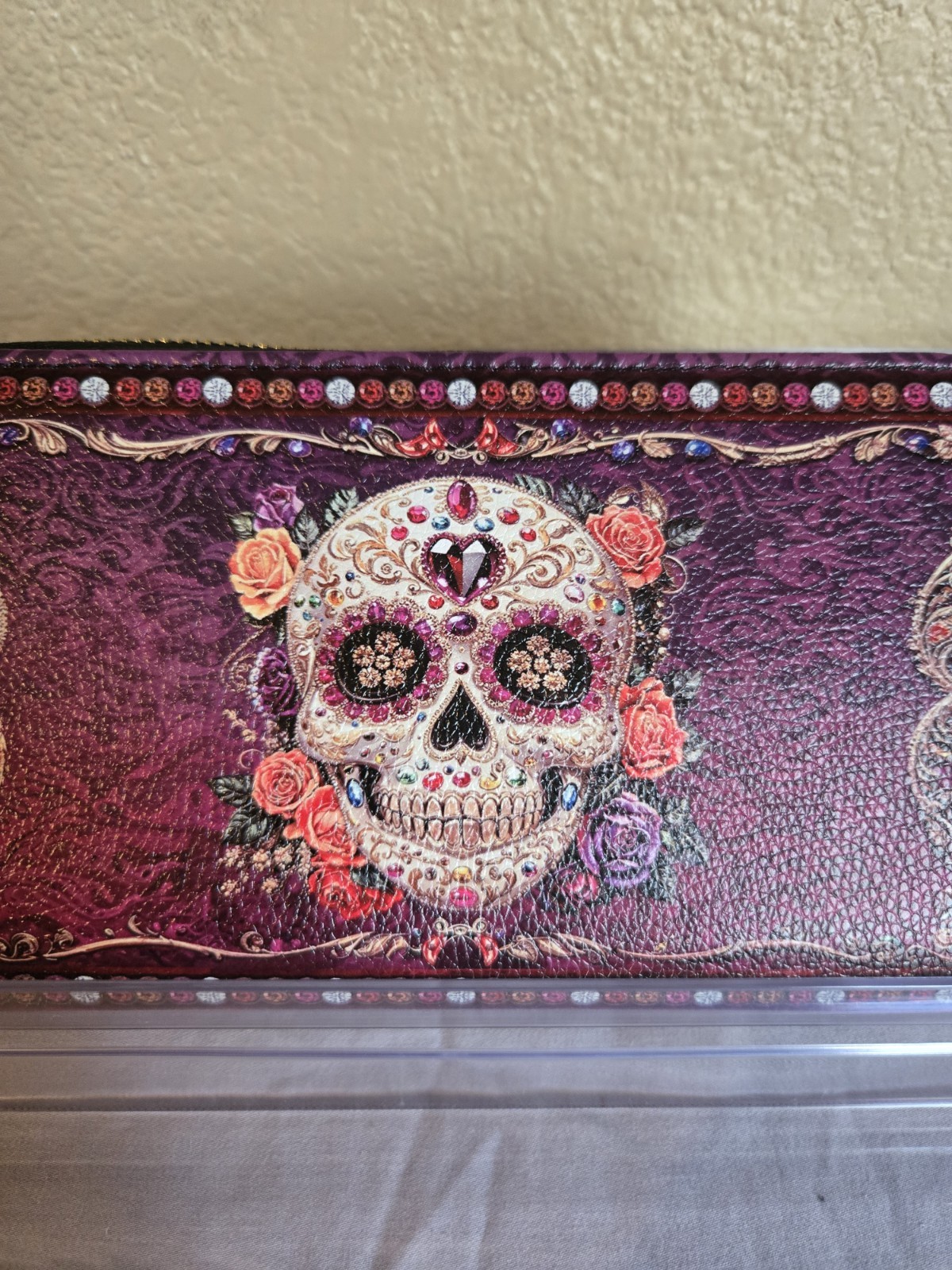 Womens Skullette Purple Pink Skull Flowers Floral Zip-Around Wristlet Wallet