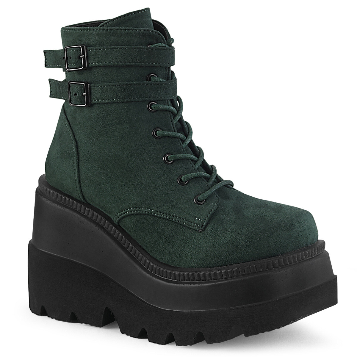 DEMONIA SHAKER-52 Womens Punk Wedge Platform Emerald Green Faux Suede Ankle Boot