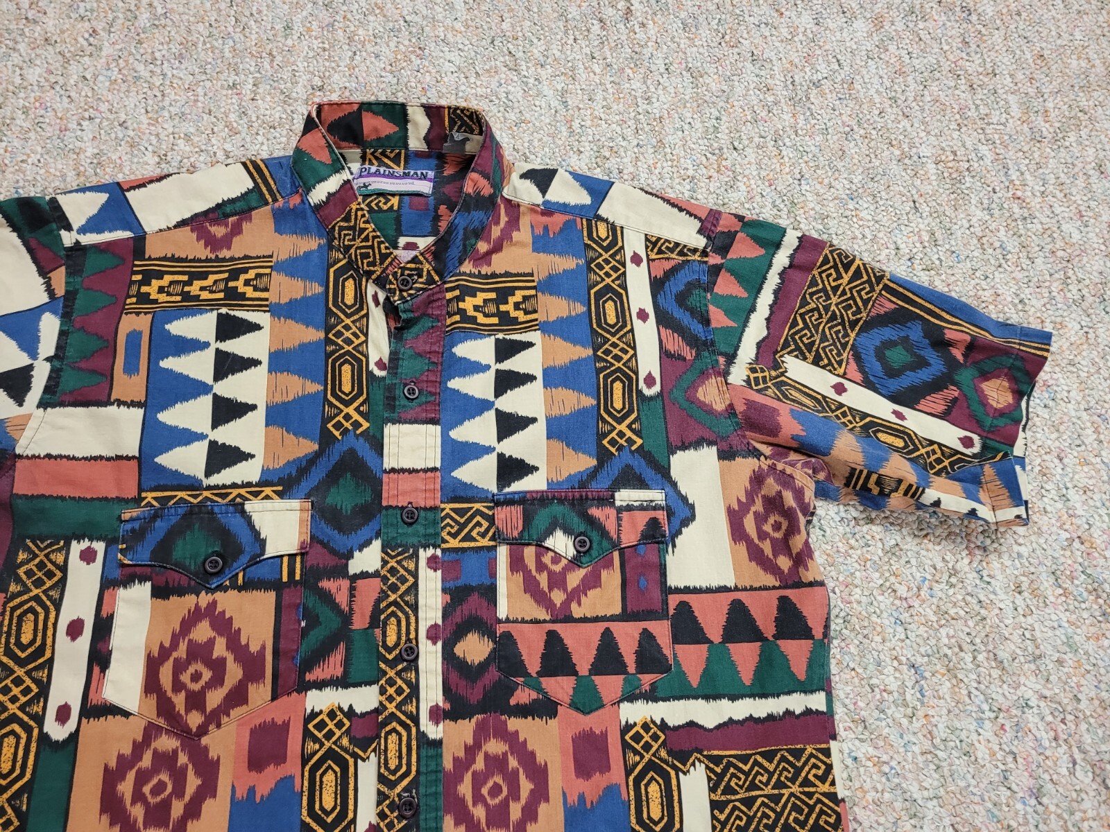 Plainsman Aztec Western Shirt Men Large Multicolor Tribal Geometric Short Sleeve