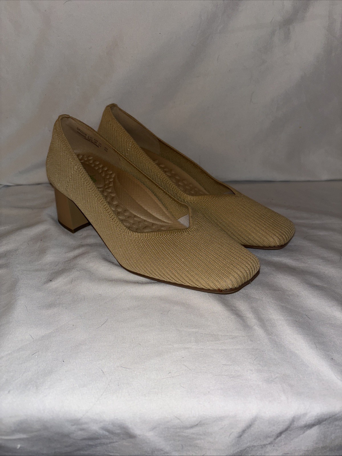 BURUDANI Low Chunky Block Heel Square Toe Knit Tan Pump Shoes Sz 8.5