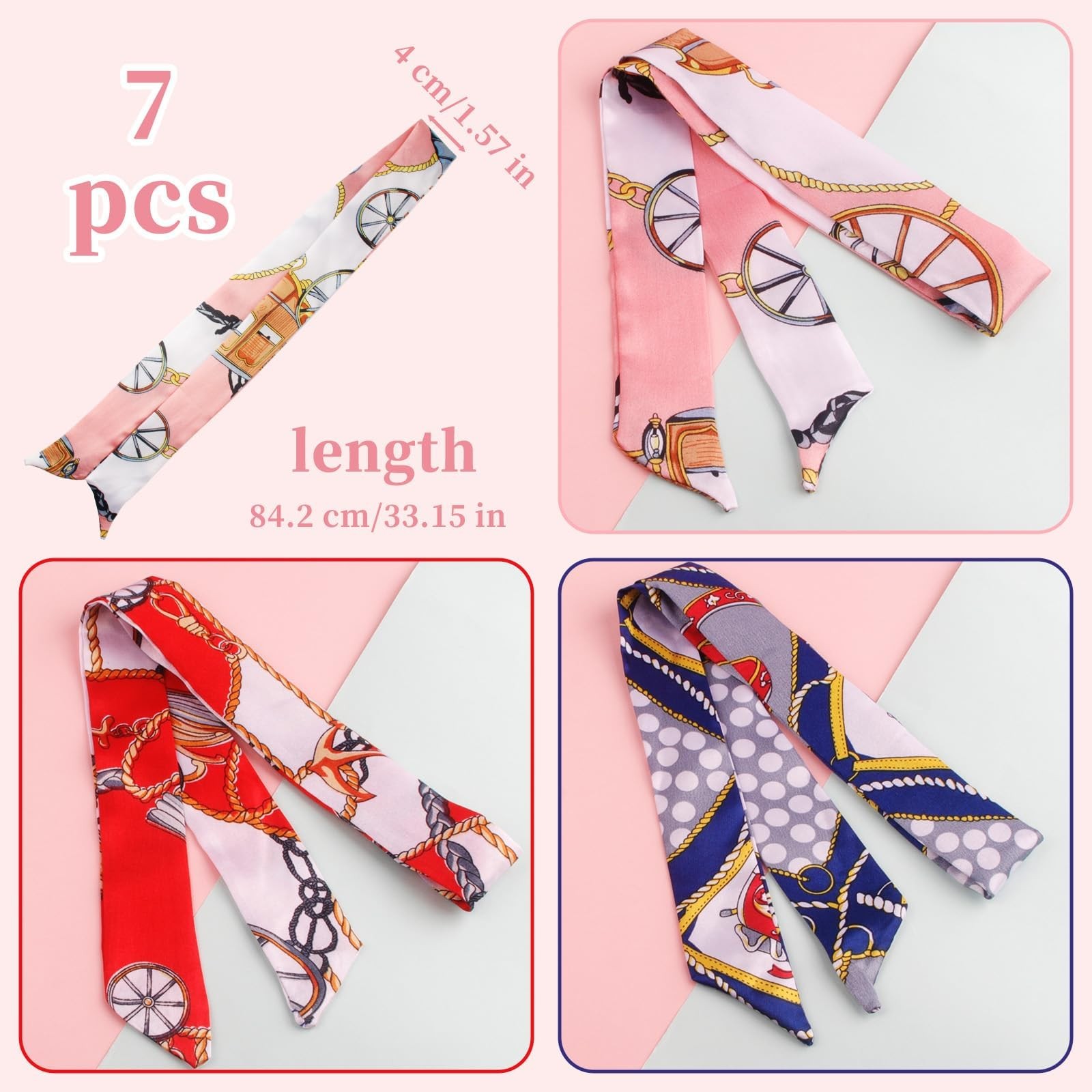 7 Pack Satin Handbag Handle Wrap Ribbon Neckerchief Scarf for Women