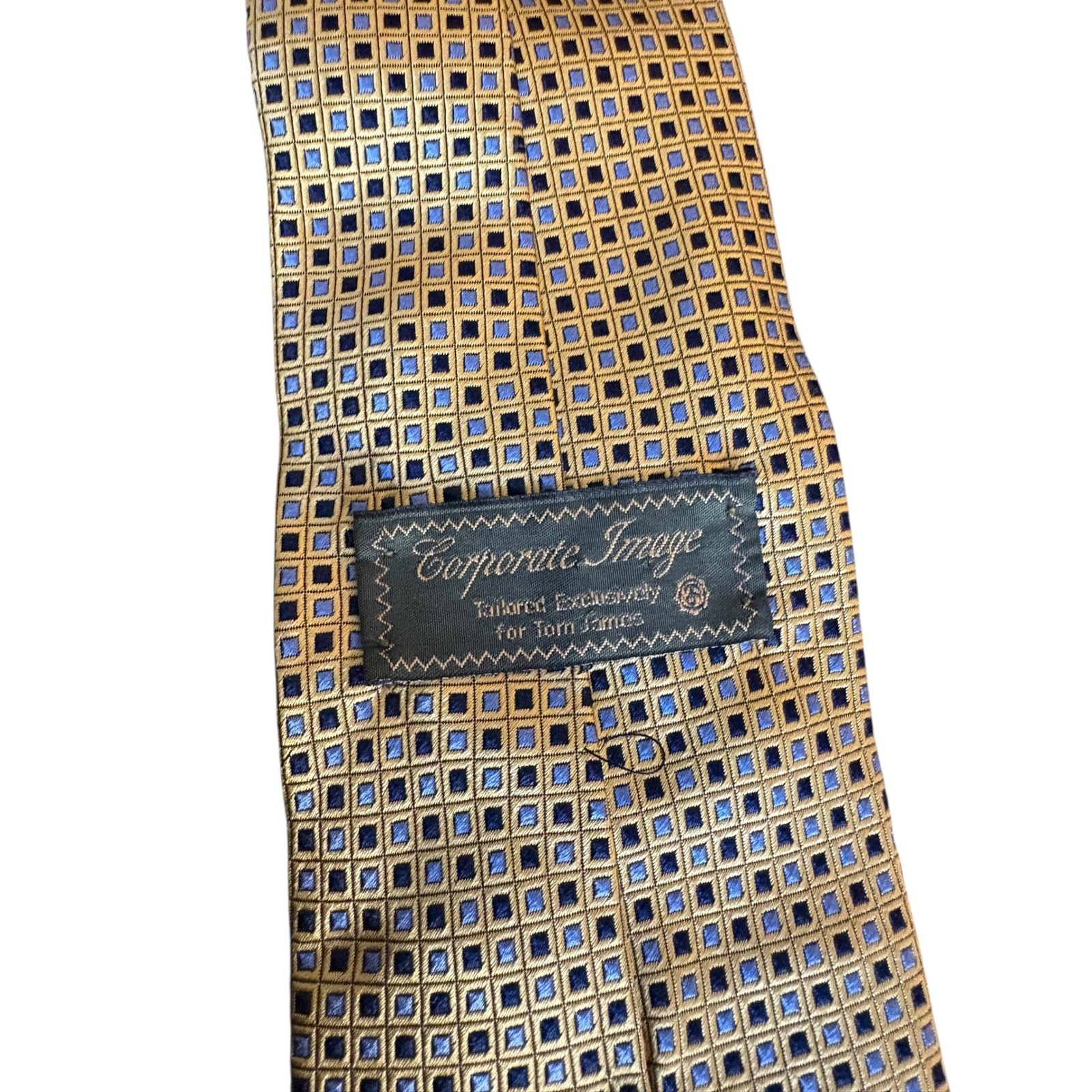 Corporate Image for Tom James 100% Silk Tie Gold Blue Geometric Diamond Pattern