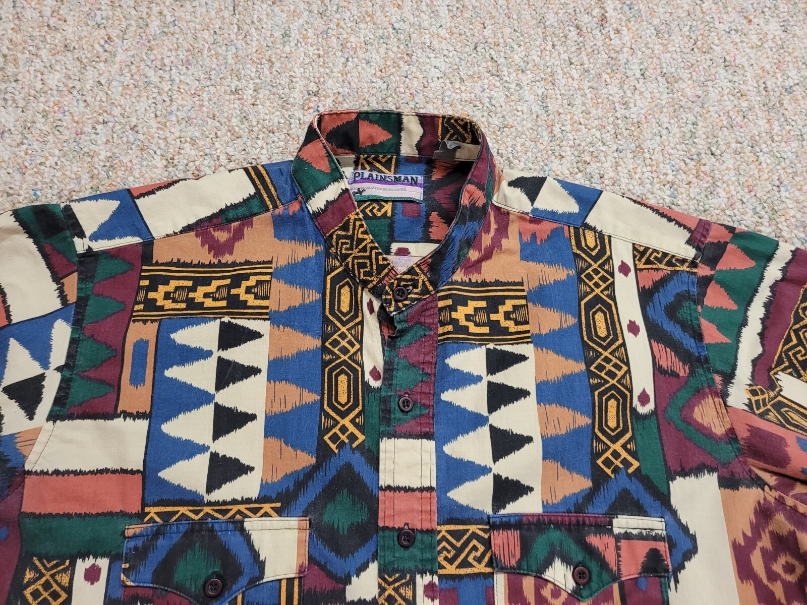 Plainsman Aztec Western Shirt Men Large Multicolor Tribal Geometric Short Sleeve