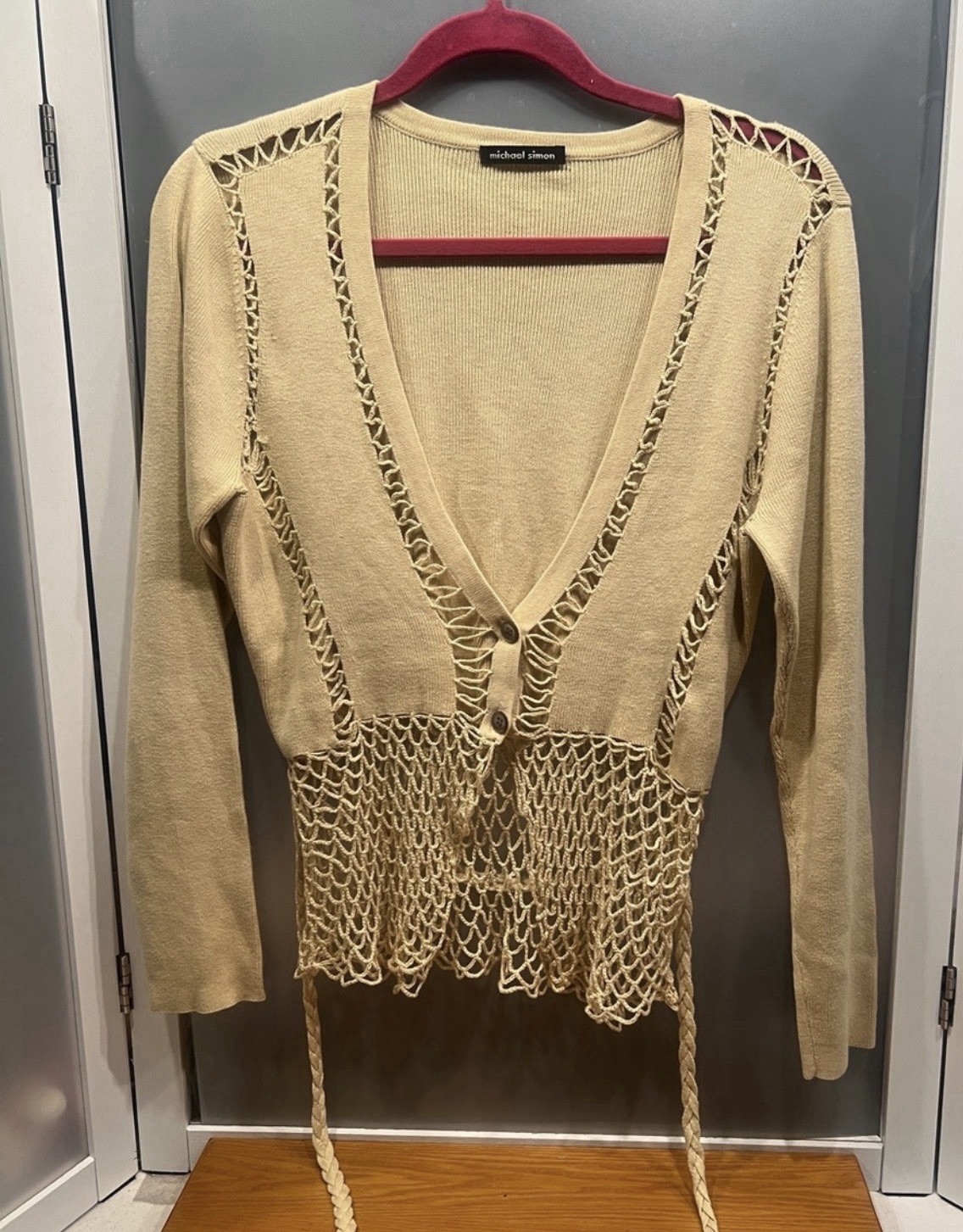 Michael Simon silk angora blend sweater 2 button fish net boho chic M