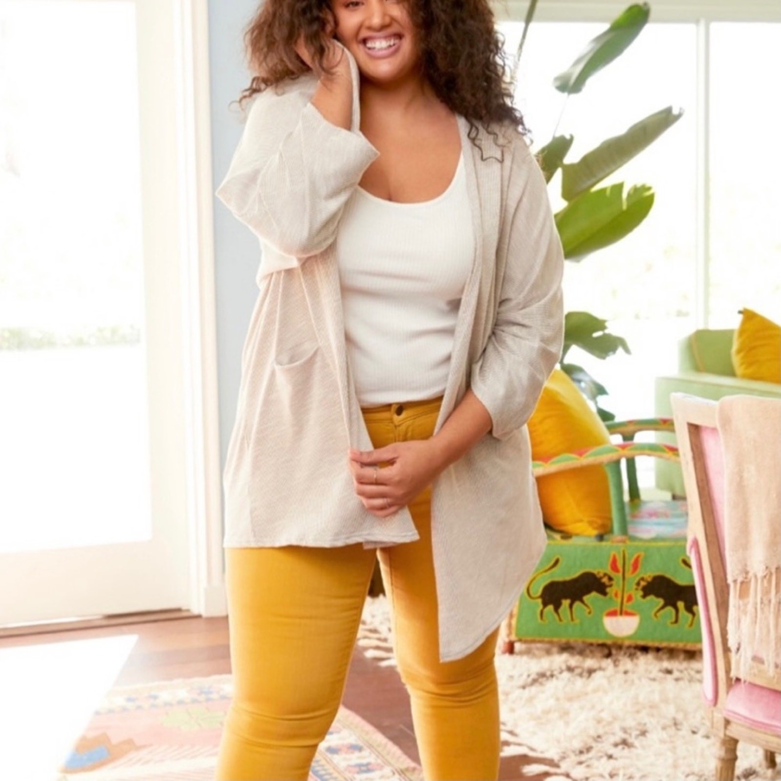 DONNI. Ribbed Lightweight Sweater Cardigan Jacket Coat in Sandwash OSFA