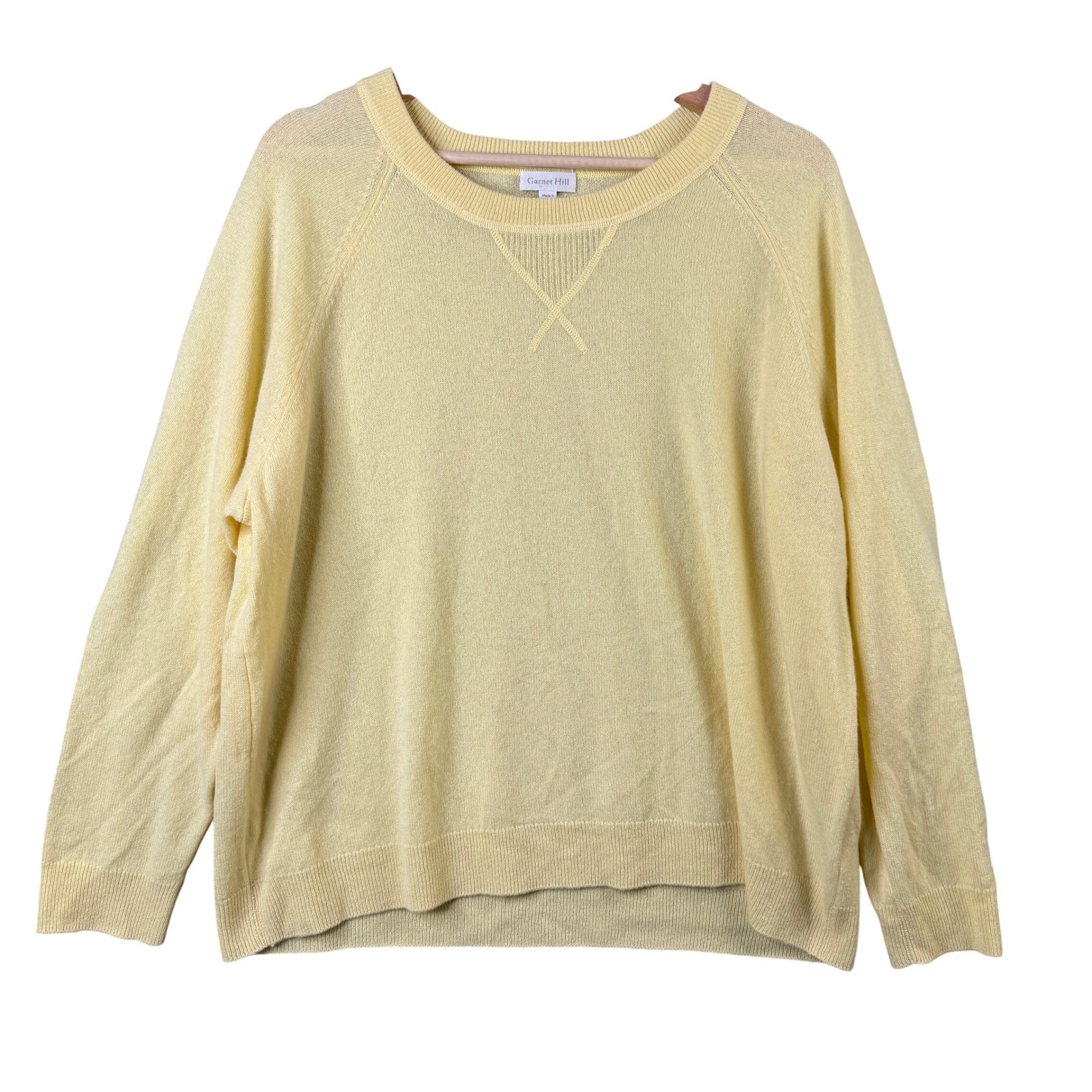 Garnet Hill 100% Cashmere Sweater XL Pale Yellow Crew Neck Raglan Relaxed Fit
