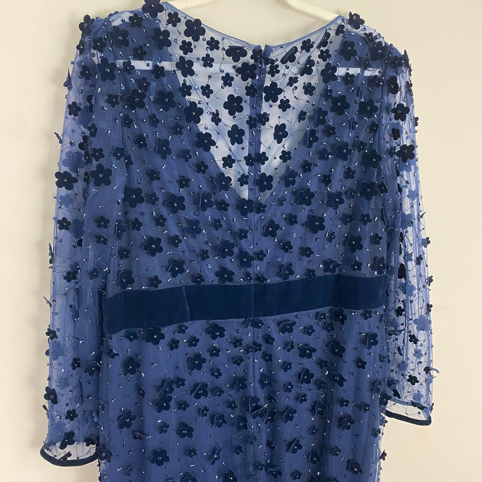 Mac Duggal 3D Floral Beaded Cocktail Dress Womens 18 Navy Blue Velvet Sheer