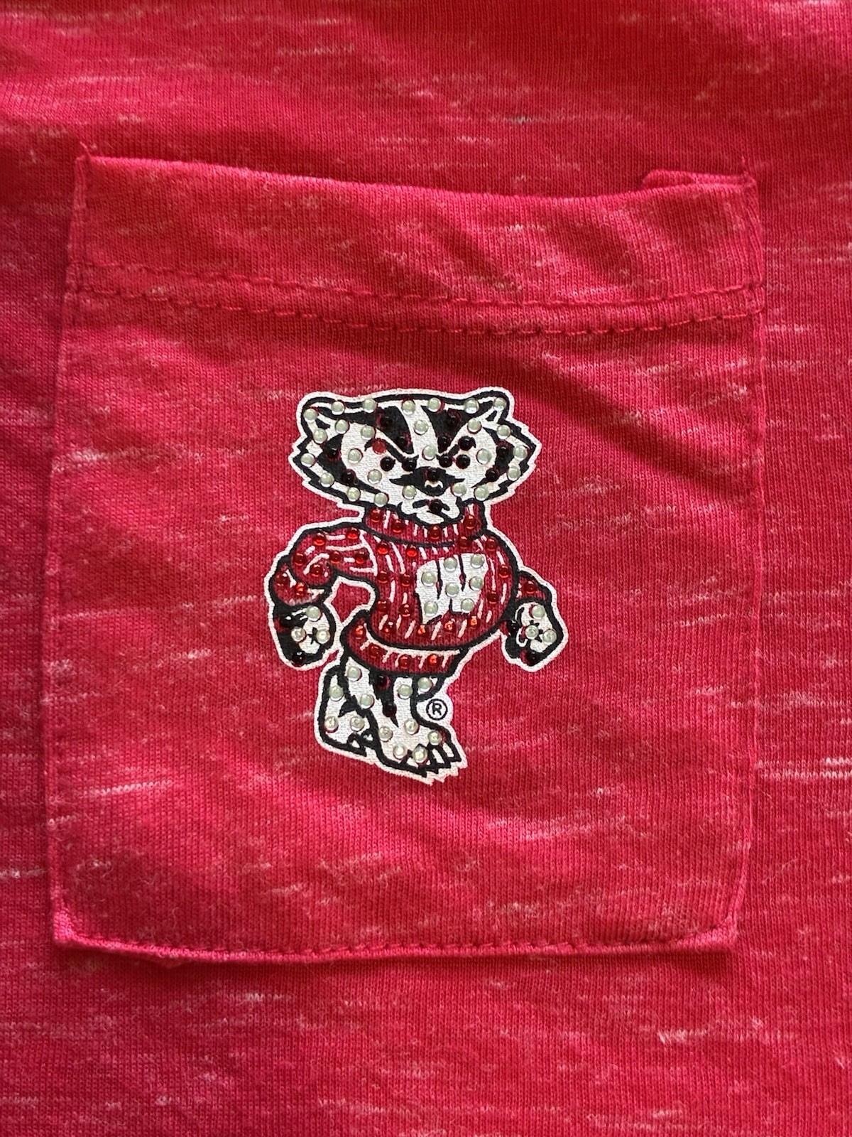 Wisconsin Badgers Red V-Neck Short Sleeve Tee Shirt Bling Logo Women’s Size L