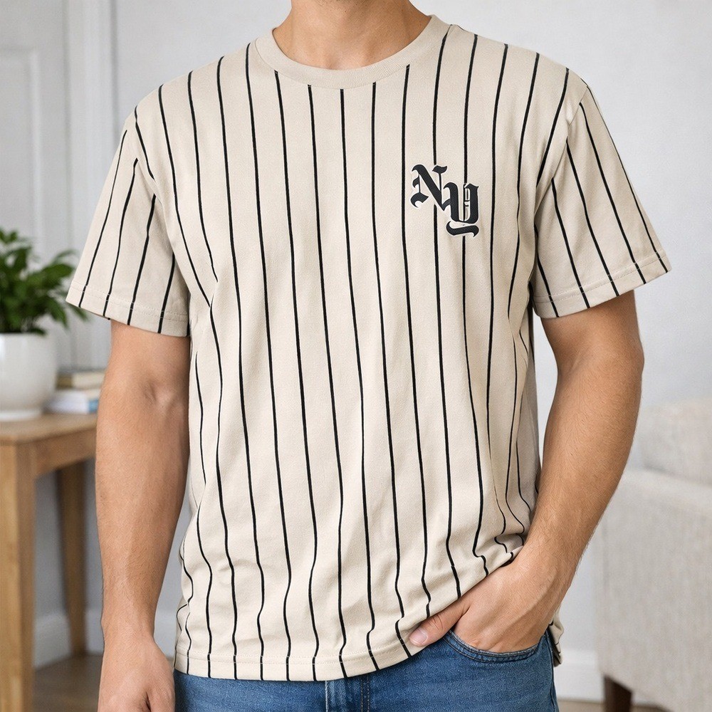 Beige Pinstripe T-Shirt Men’s Medium Baseball Aesthetic Cotton WXYZ