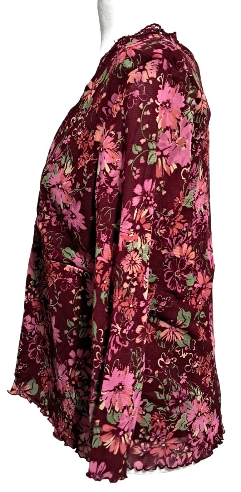 Y2K Axcess Floral Top Womens XL Fairy Grunge Burgundy Blouse 3/4 Sleeve V-Neck L