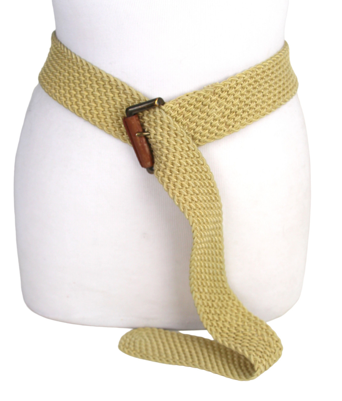 Lauren BRAIDED ELASTIC BEIGE CORD BROWN LEATHER 1 3/4″Wd CASUAL BELT Sz XL (R47