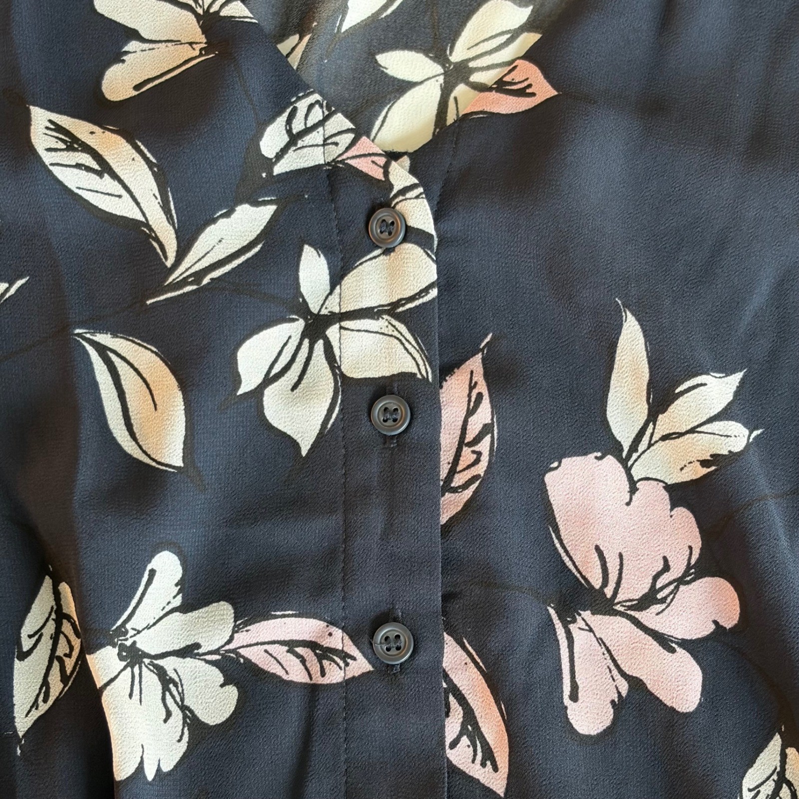 Lane Bryant 22 Navy Blue Pink Floral Chiffon Button Drawstring Waist Blouse