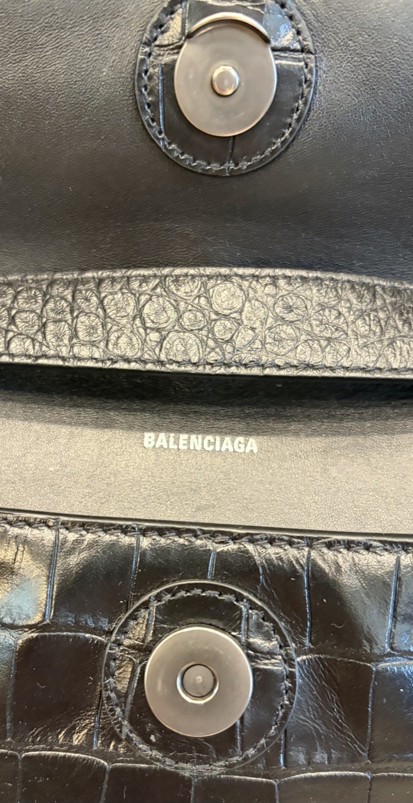 Pre Owned Black Croc Embossed Leather Balenciaga Shoulder Crossbody Handbag VGUC