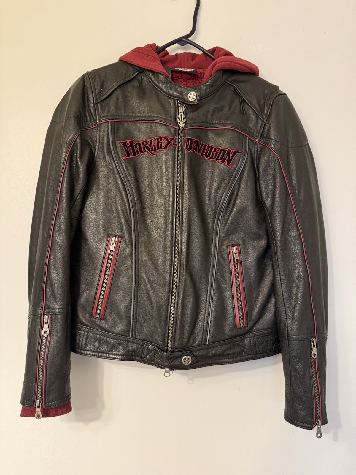 Harley Davidson Womens Barchetta Black Leather 3-in-1 Jacket Hoodie S 97169-10VW