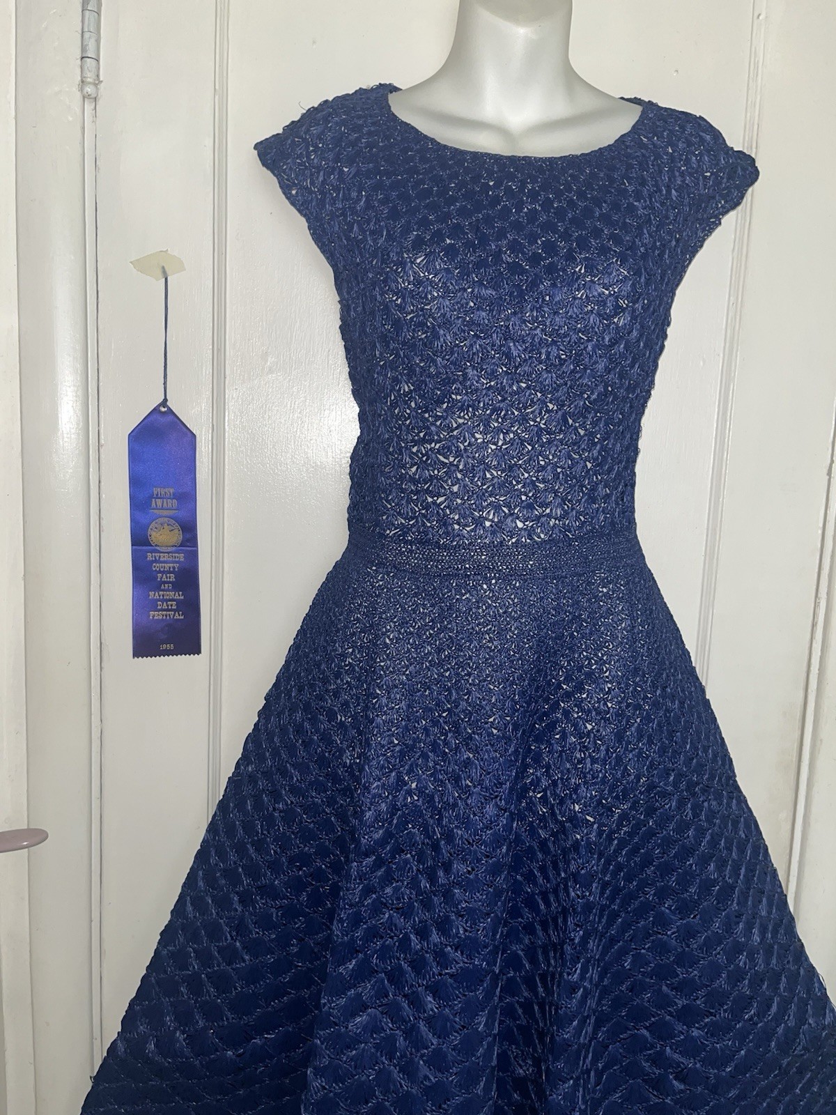 Vtg 50s crochet straw Raffia LUCY DRESS California Fair 1955 Blue Ribbon